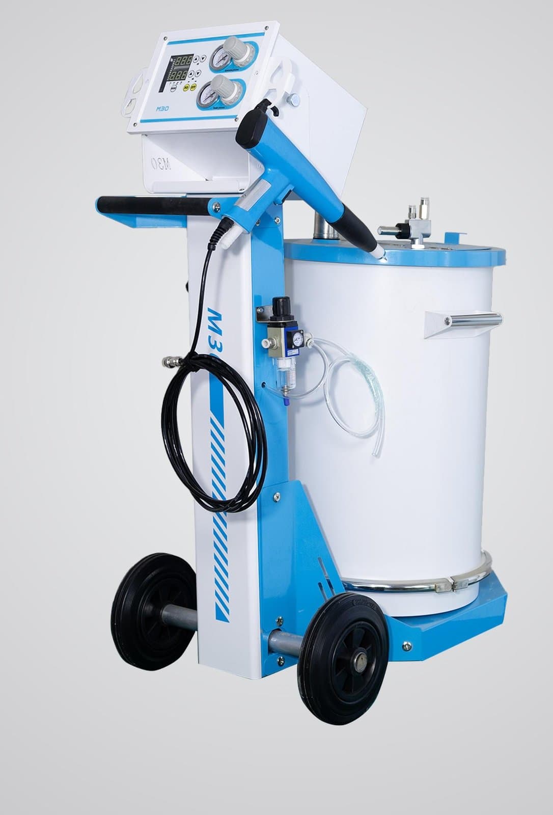 KBE-M30 powder coating machine on trolley with powder hopper